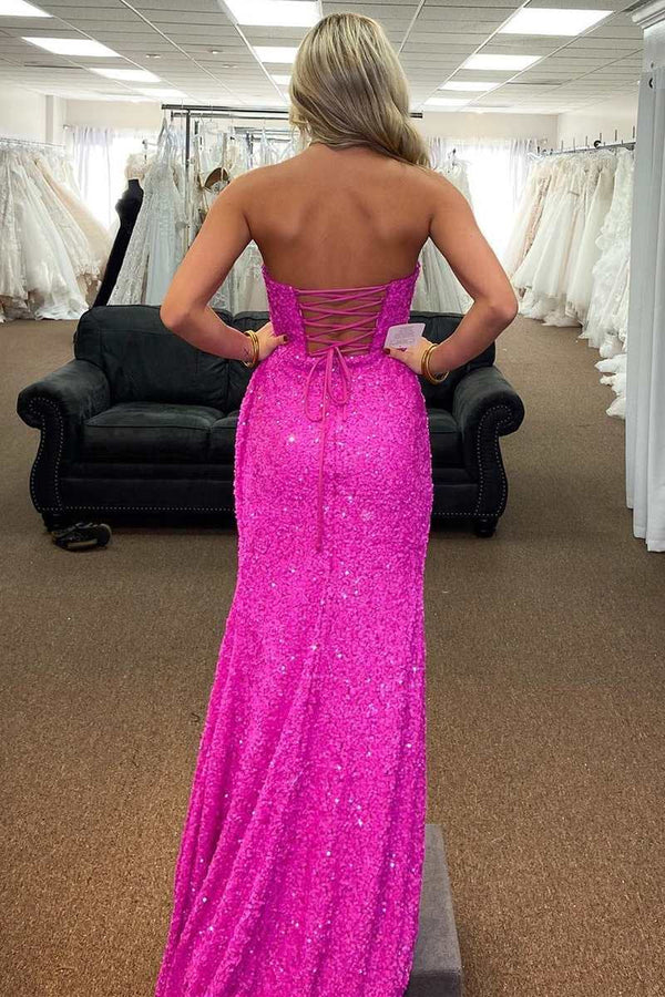 Luolandi Fuchsia Mermaid Strapless Sequins Lace-Up Long Prom Dress with Slit Sparkly Evening Dress