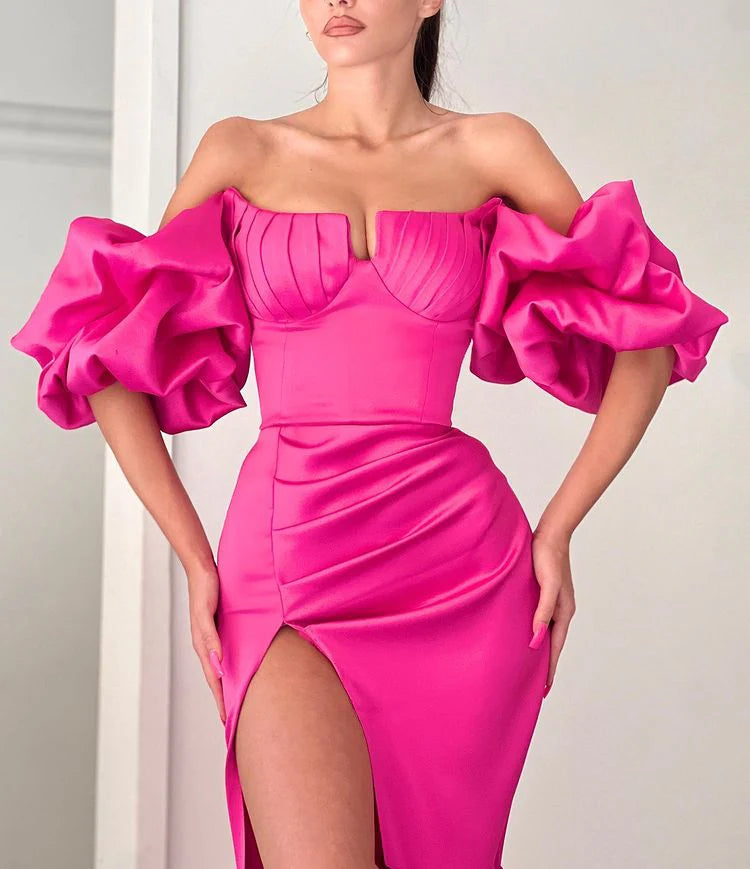 Luolandi Fuchsia Off The Shoulder Bubble Sleeves High Split Long Mermaid Prom Dress Sexy Evening Dress
