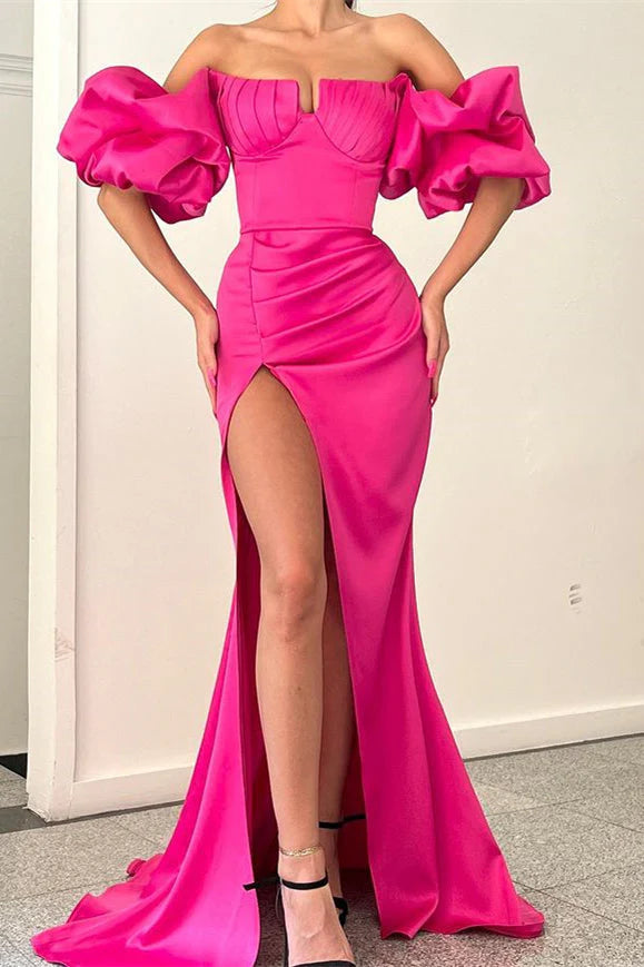 Luolandi Fuchsia Off The Shoulder Bubble Sleeves High Split Long Mermaid Prom Dress Sexy Evening Dress
