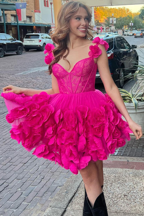 Luolandi Fuchsia Spaghetti Straps A-Line Short Corset Homecoming Dress with 3D Flowers Beautiful