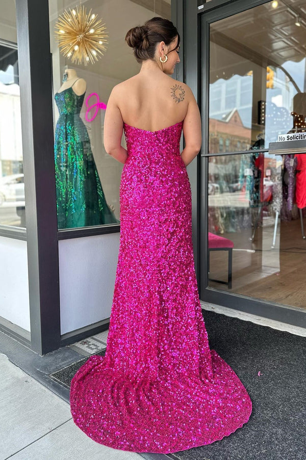 Luolandi Fuchsia Strapless Sequins Long Prom Dress with Slit Sparkly Evening Dress