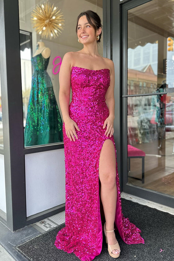 Luolandi Fuchsia Strapless Sequins Long Prom Dress with Slit Sparkly Evening Dress