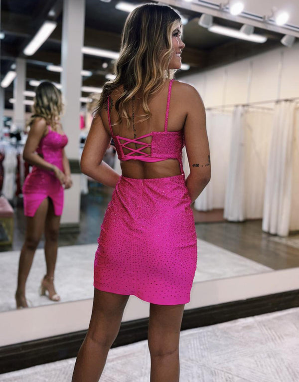 Luolandi Sheath Beaded Satin Homecoming Dress with Slit Sparkly Party Dress