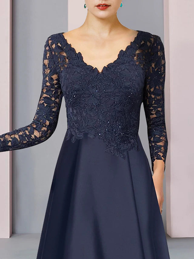 Luolandi A-Line Mother of the Bride Dress Formal Wedding Guest Elegant High Low V Neck Asymmetrical Tea Length Satin Lace Long Sleeve with Pleats