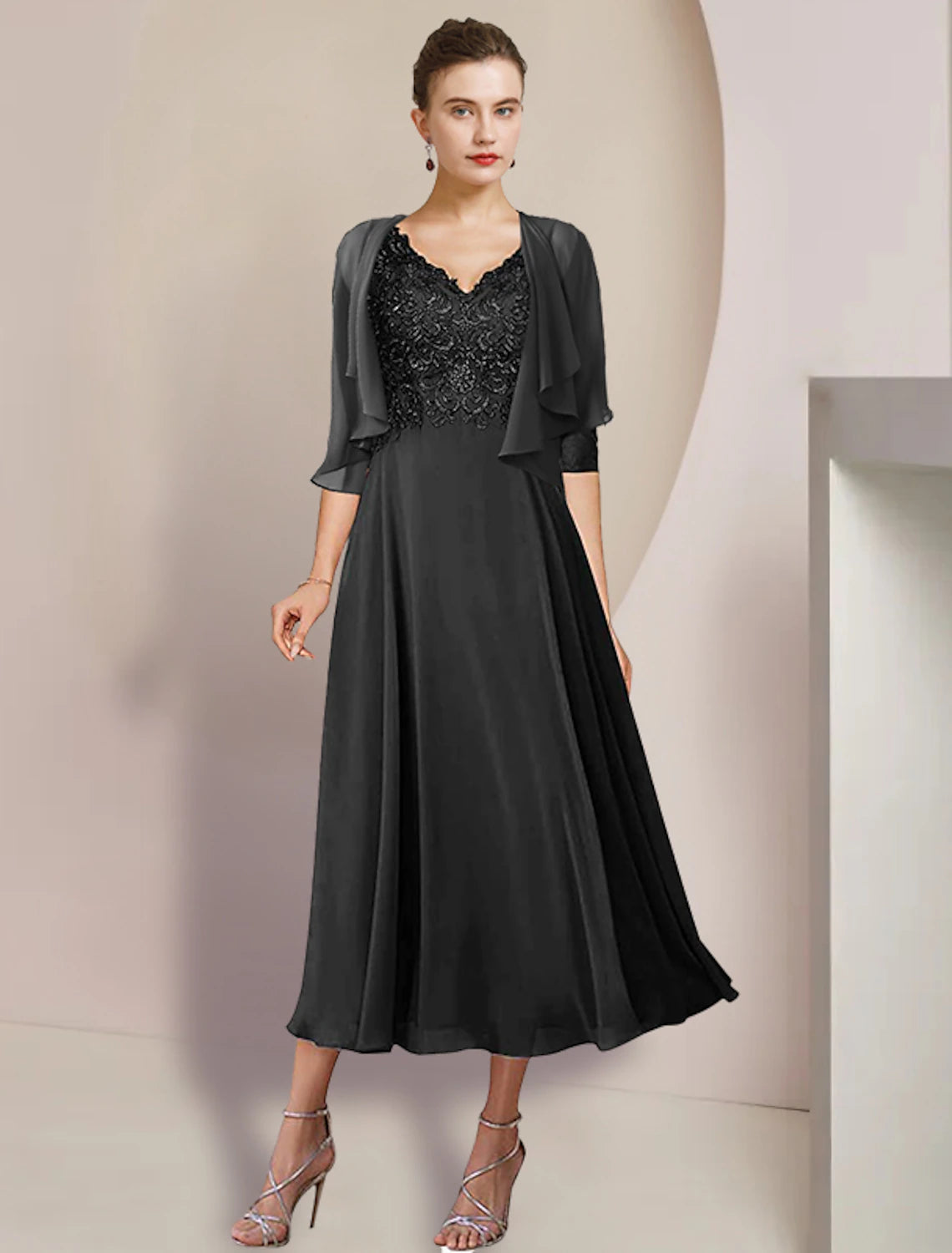 Luolandi Two Piece A-Line Mother of the Bride Dress Formal Wedding Guest Elegant V Neck Tea Length Chiffon Lace 3/4 Length Sleeve Wrap Included