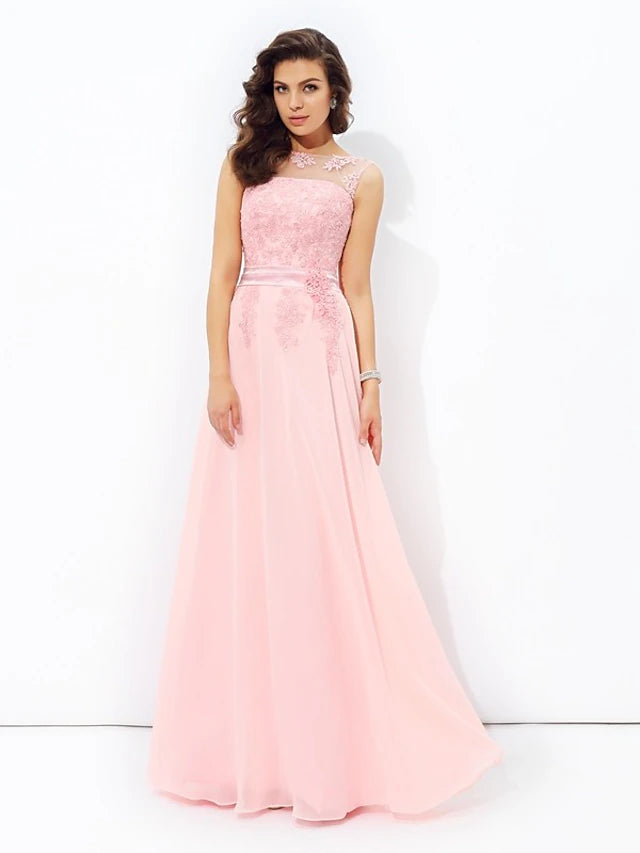 Luolandi A-Line Prom Dresses Sparkle & Shine Dress Formal Floor Length Sleeveless Jewel Neck Chiffon