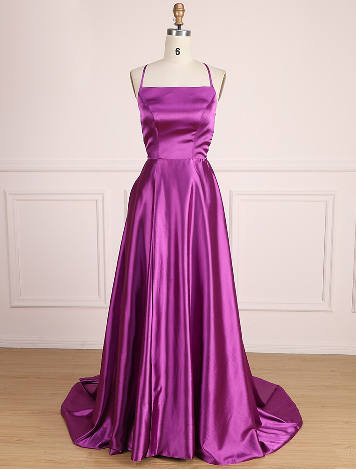 A-Line Prom Dresses Minimalist Dress Party Wear Sweep / Brush Train Sleeveless Spaghetti Strap Satin with Pleats