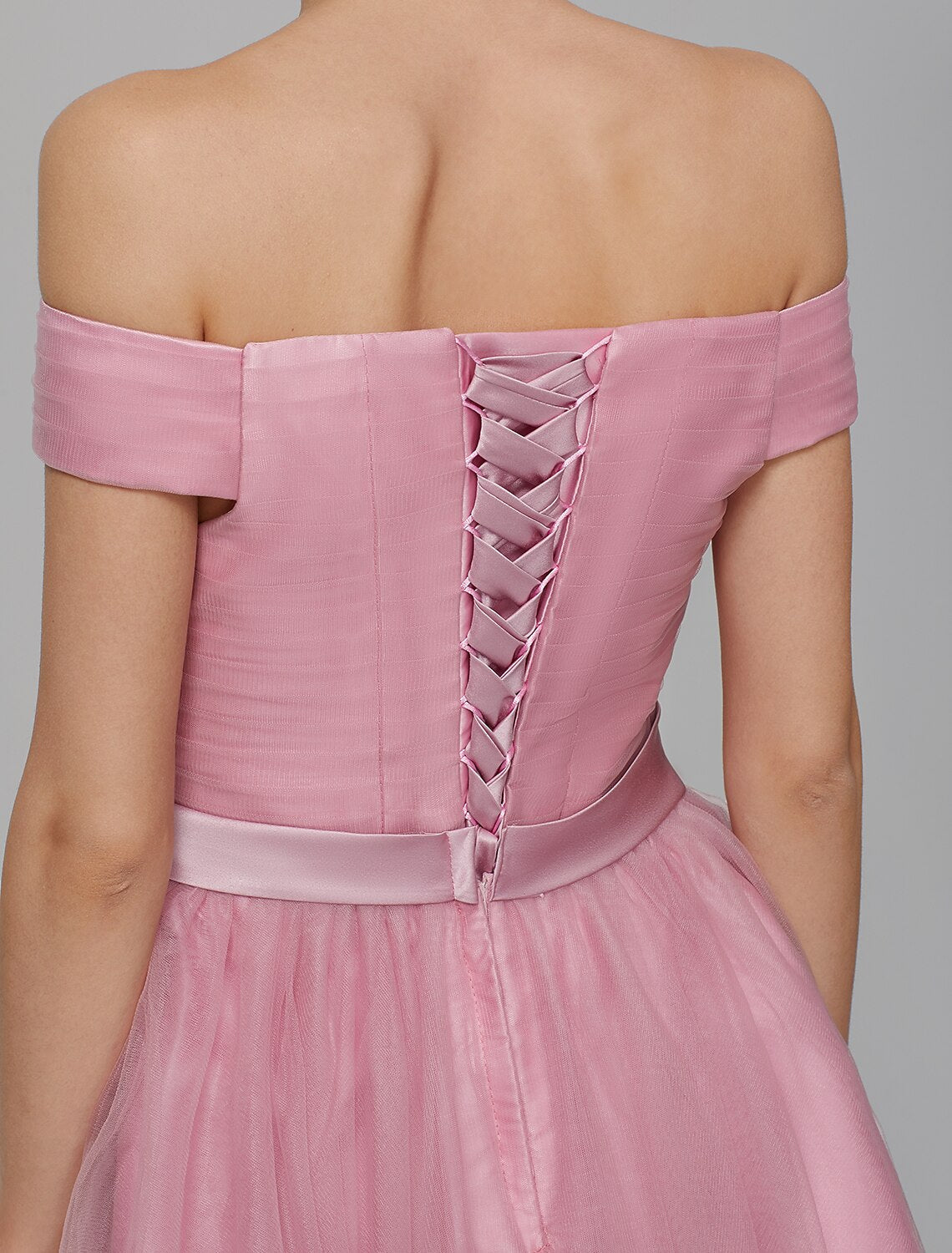 Luolandi A-Line Off Shoulder Knee Length Tulle Bridesmaid Dress with Sash / Ribbon Draping