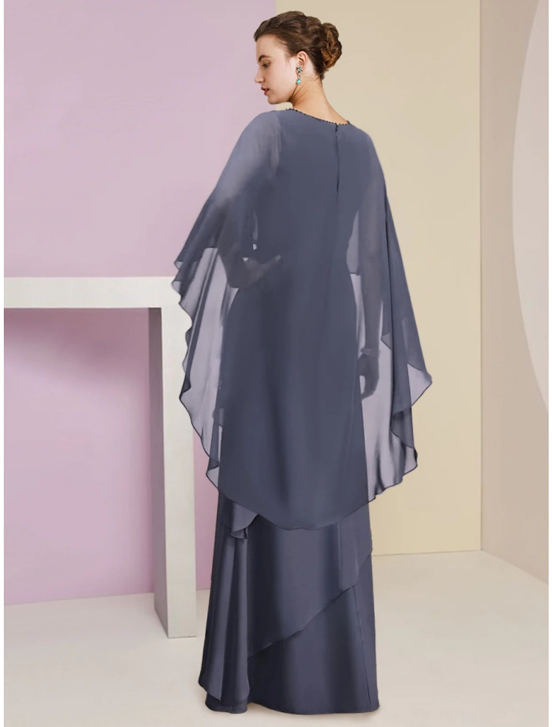 Luolandi Sheath / Column Mother of the Bride Dress Wedding Guest Elegant Jewel Neck Floor Length Chiffon Half Sleeve with Sequin Tier