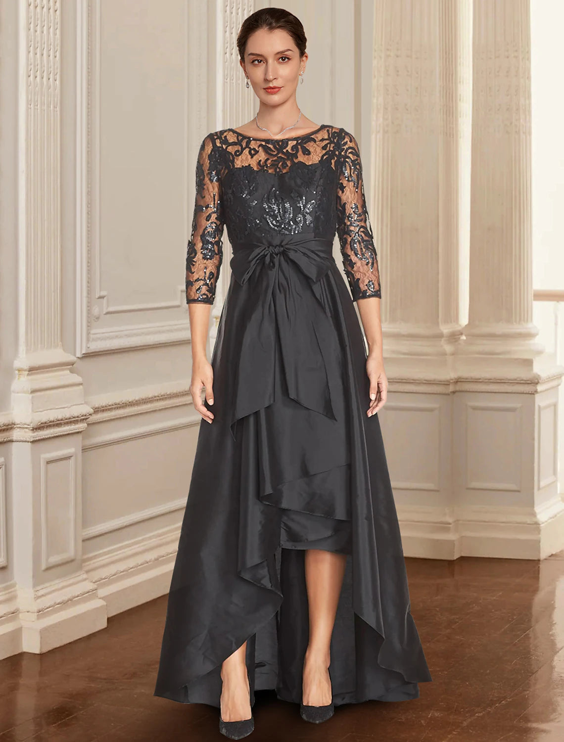Luolandi A-Line Mother of the Bride Dress Formal Wedding Guest Elegant Black Dress Jewel Neck Asymmetrical Lace Italy Satin 3/4 Length Sleeve with Lace Bow(s)