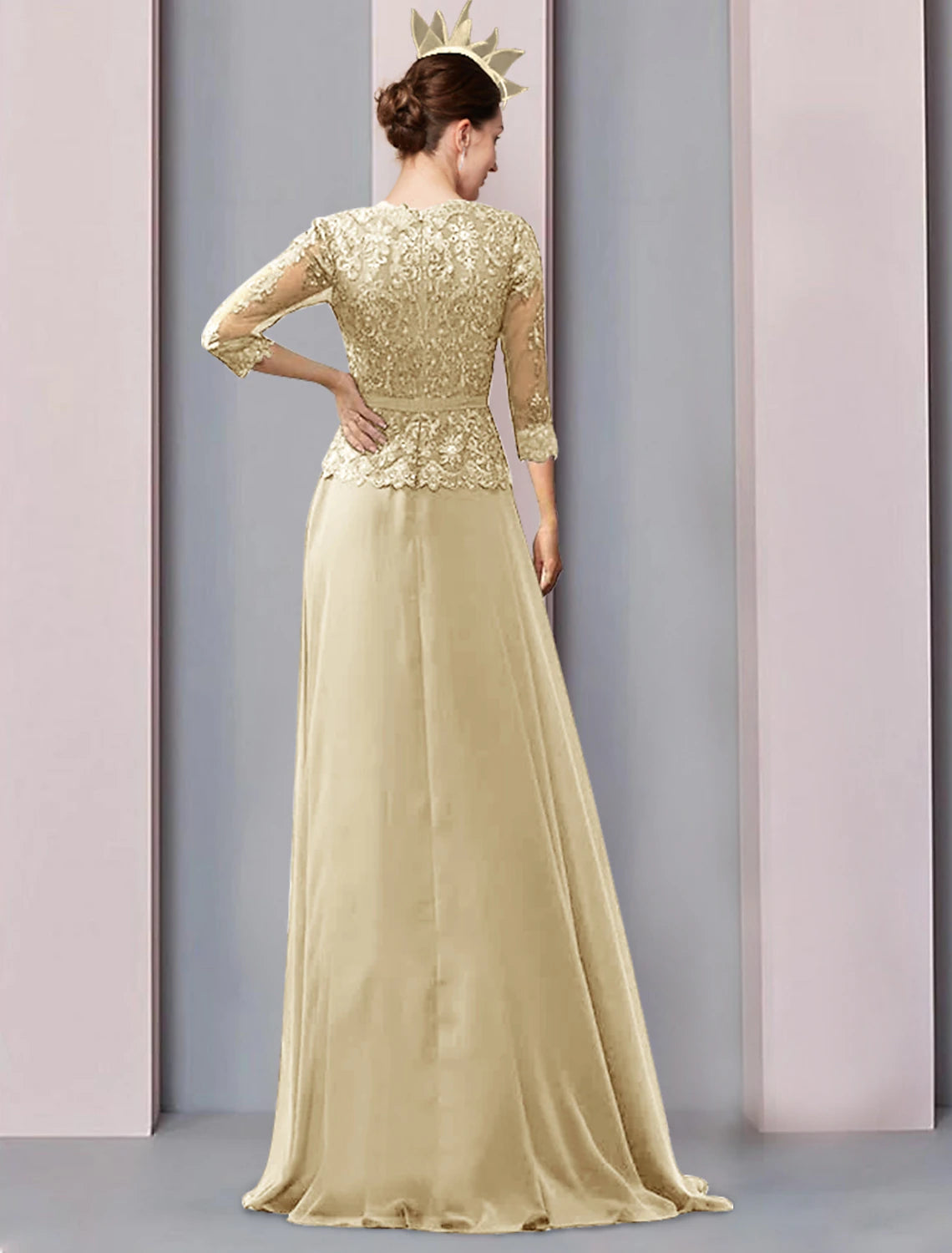 Luolandi A-Line Mother of the Bride Dress Wedding Guest Elegant V Neck Floor Length Chiffon Half Sleeve with Lace