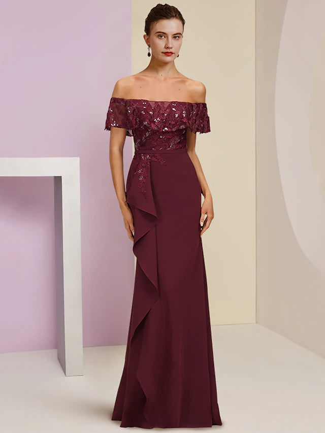 Luolandi Sheath / Column Mother of the Bride Dress Wedding Guest Party Elegant Off Shoulder Floor Length Chiffon Lace Short Sleeve