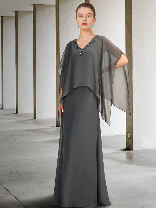 Luolandi A-Line Mother of the Bride Dress Luxurious Elegant V Neck Floor Length Chiffon Sleeveless Shawls with Beading
