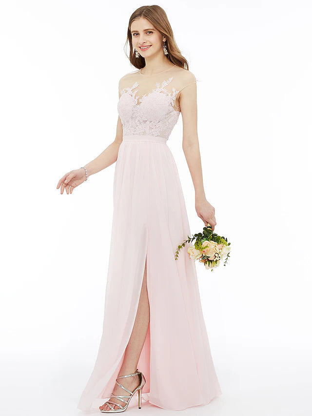 Luolandi A-Line Bridesmaid Dress Illusion Neck Sleeveless Illusion Detail Floor Length Chiffon / Floral Lace with Sash / Ribbon