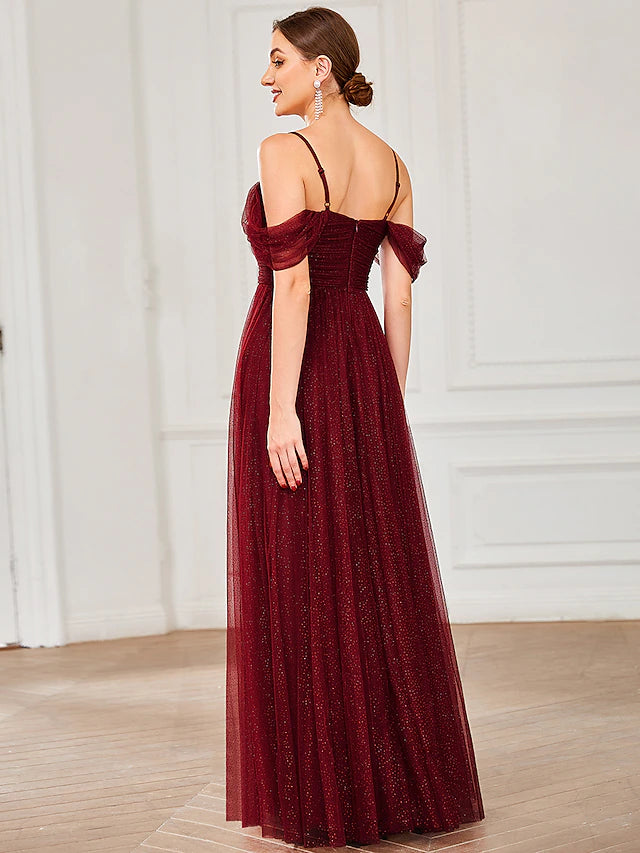 Luolandi A-Line Bridesmaid Dress Spaghetti Strap / Off Shoulder Short Sleeve Elegant Floor Length Tulle with Draping / Ruching