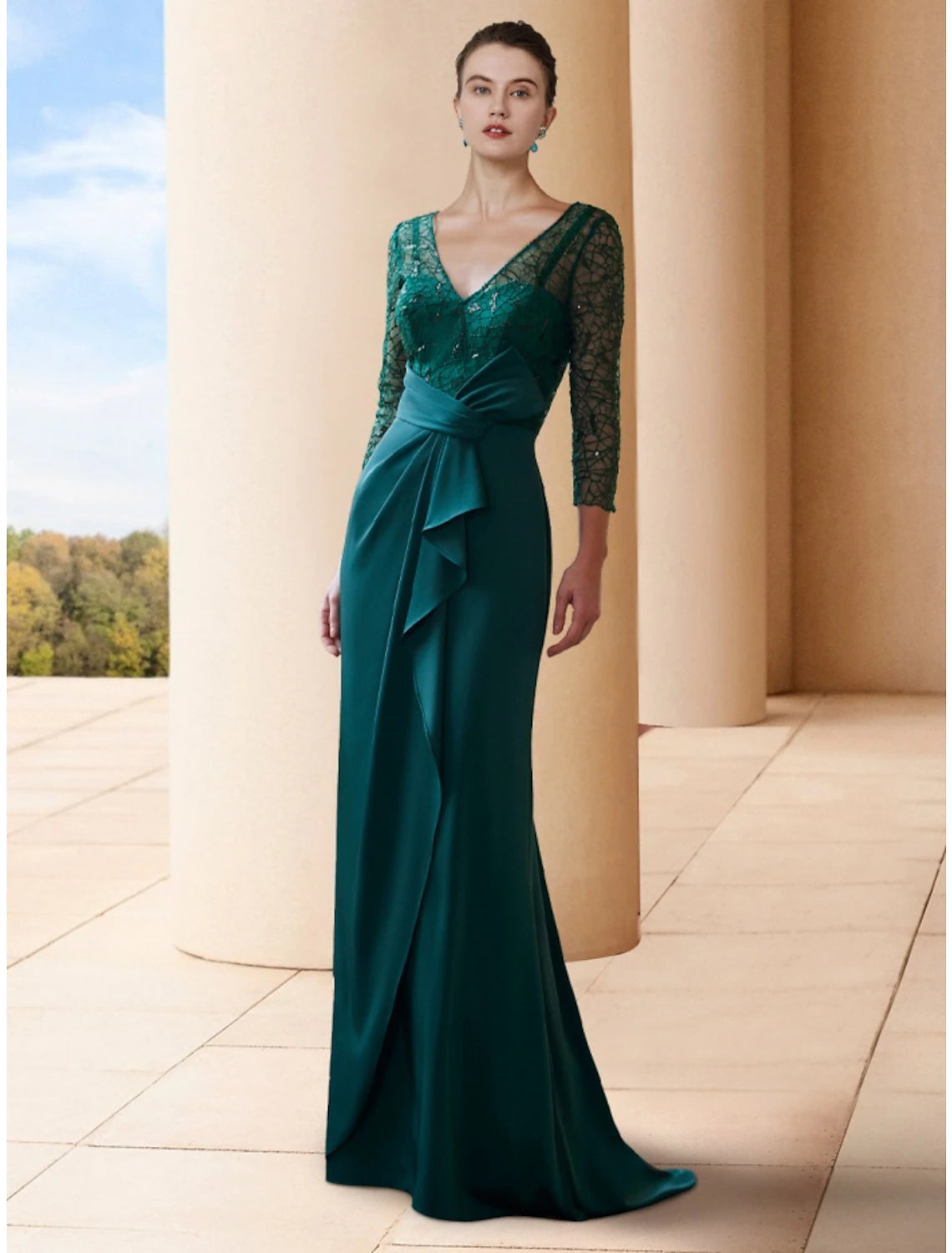 Luolandi A-Line Mother of the Bride Dress Wedding Guest Elegant V Neck Sweep / Brush Train Chiffon 3/4 Length Sleeve with Bow(s)