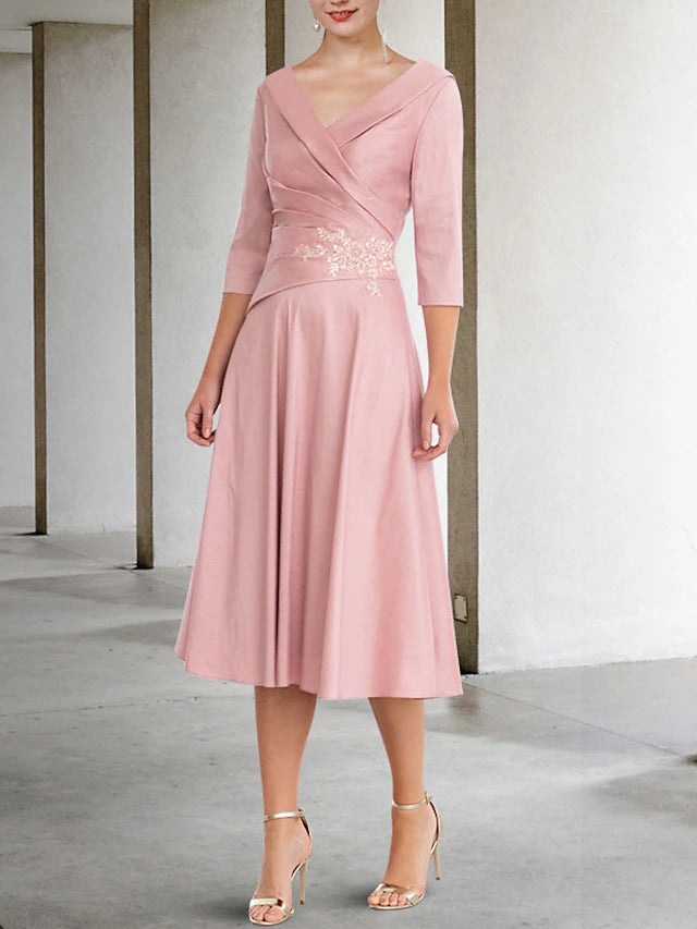 Luolandi A-Line Mother of the Bride Dress Vintage Elegant V Neck Tea Length Satin Lace Half Sleeve with Appliques