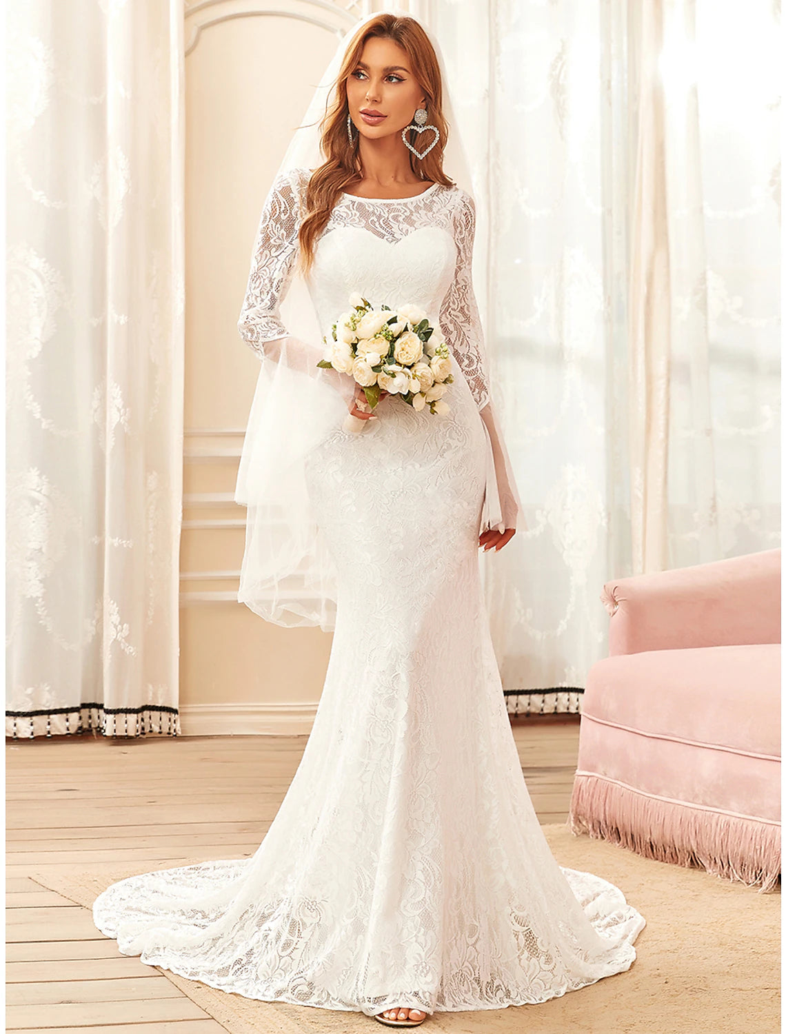 Luolandi Reception Boho Wedding Dresses Mermaid / Trumpet Illusion Neck Long Sleeve Sweep / Brush Train Lace Bridal Gowns