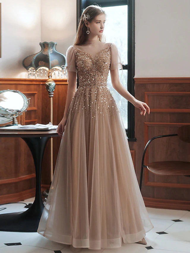 Luolandi A-Line Prom Dresses Sparkle Dress Engagement Floor Length Sleeveless High Neck Tulle with Bow(s) Beading