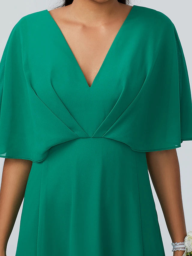 Luolandi Sheath / Column Bridesmaid Dress V Neck Short Sleeve Sparkle & Shine Floor Length Chiffon with Split