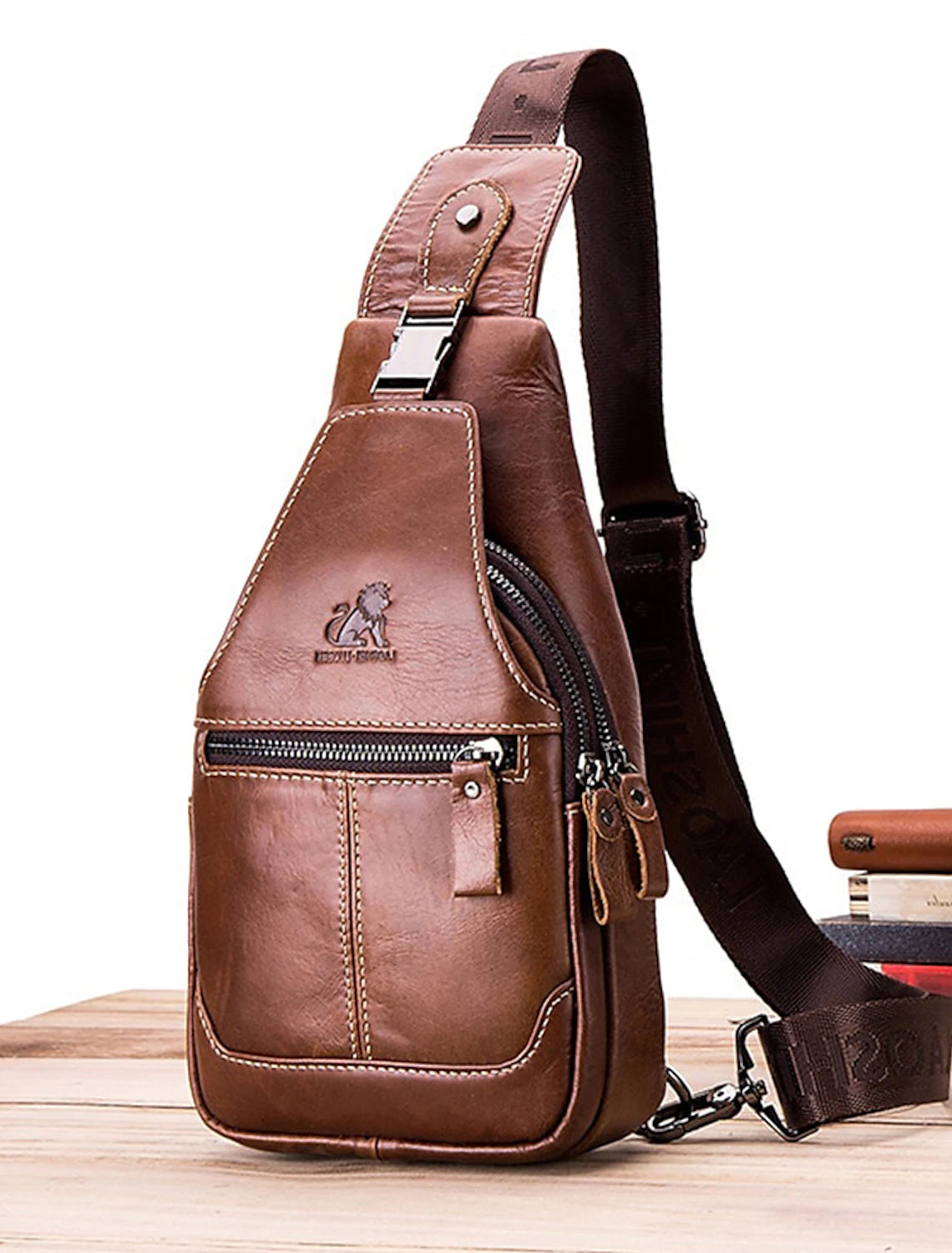 Men's Crossbody Bag Chest Bag Nappa Leather Outdoor Daily Zipper Solid