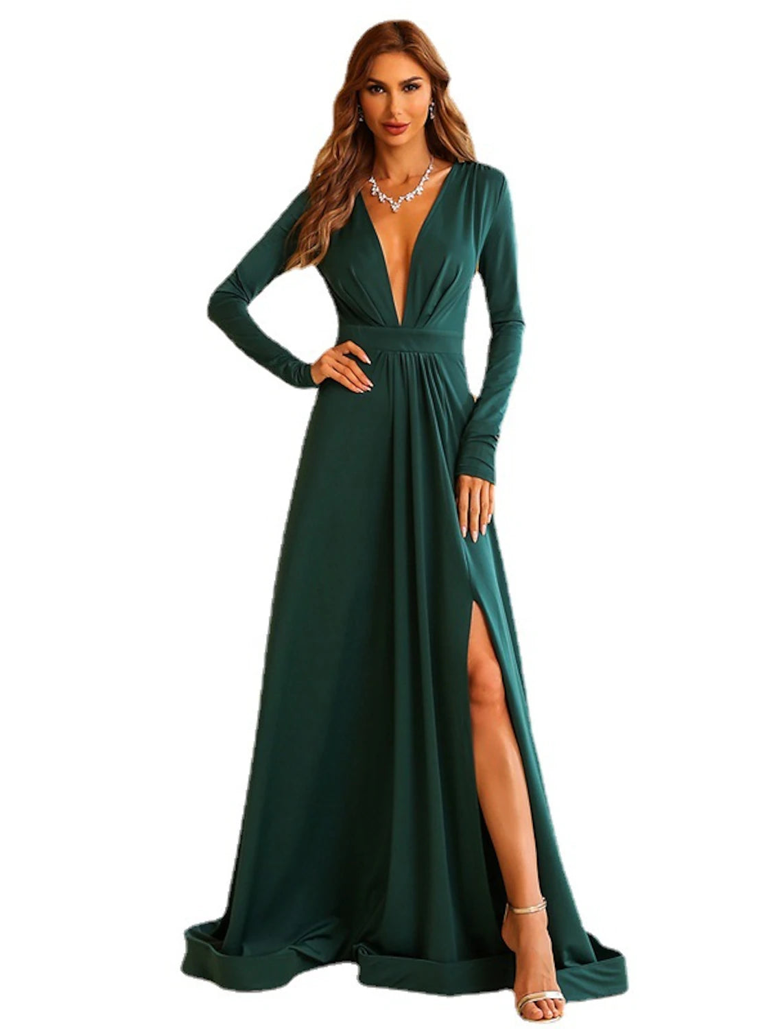 A-Line Evening Gown Elegant Dress Wedding Guest Engagement Sweep / Brush Train Long Sleeve V Neck Polyester with Slit