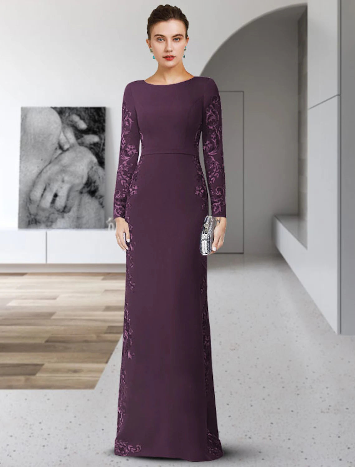 Luolandi Sheath / Column Mother of the Bride Dress Formal Wedding Guest Party Elegant Scoop Neck Floor Length Chiffon Lace Long Sleeve with Sash / Ribbon