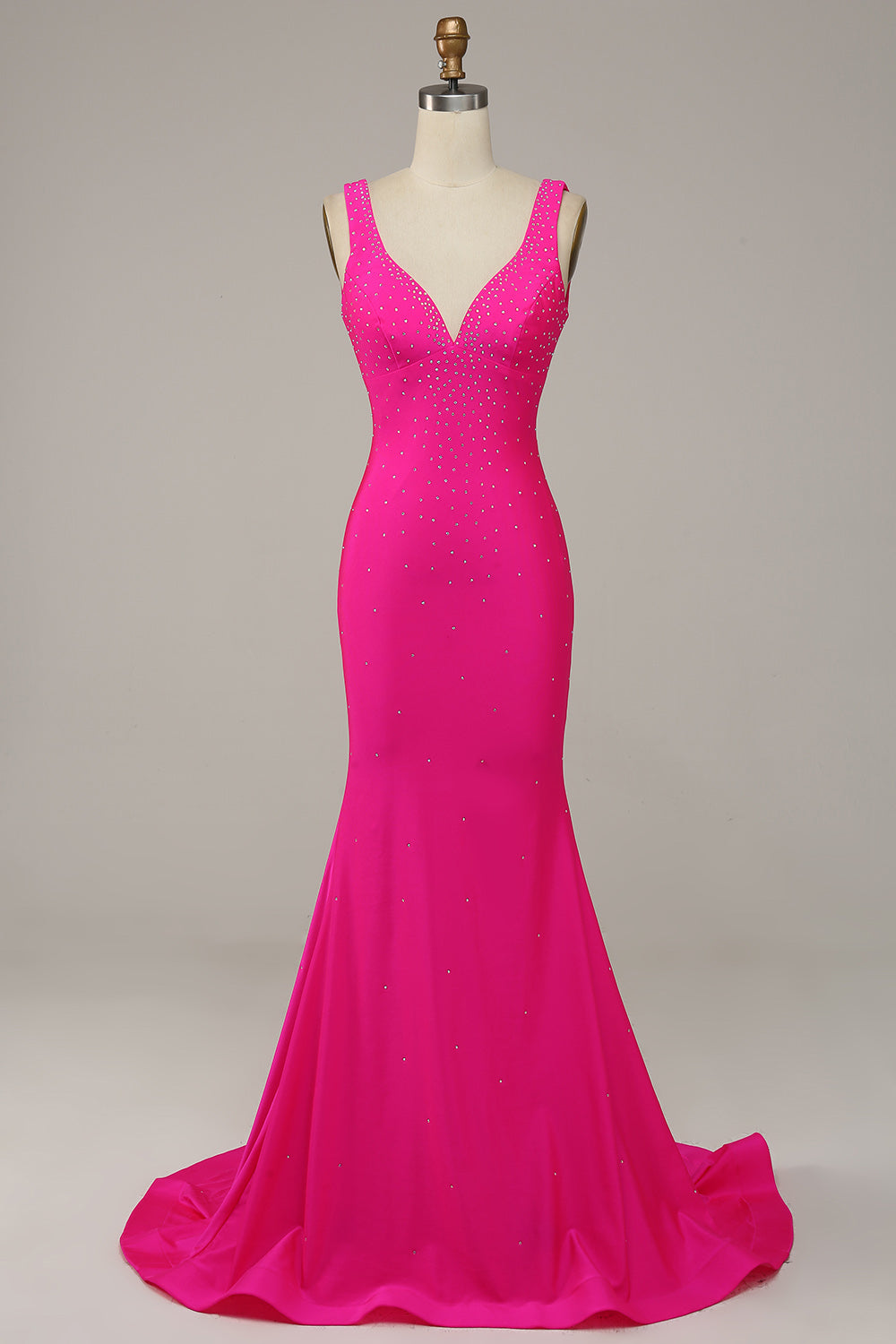 Luolandi Fuchsia Mermaid V-Neck Beaded Prom Dress Long Sexy Evening Dress