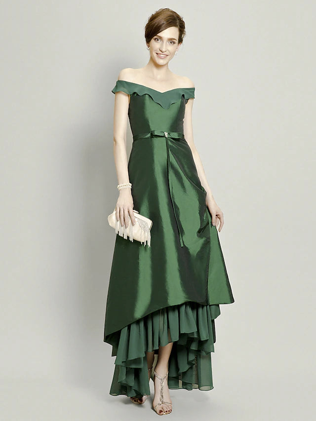 Luolandi A-Line Mother of the Bride Dress Elegant High Low Off Shoulder Asymmetrical Chiffon Taffeta Short Sleeve with Pick Up Skirt Bow(s)