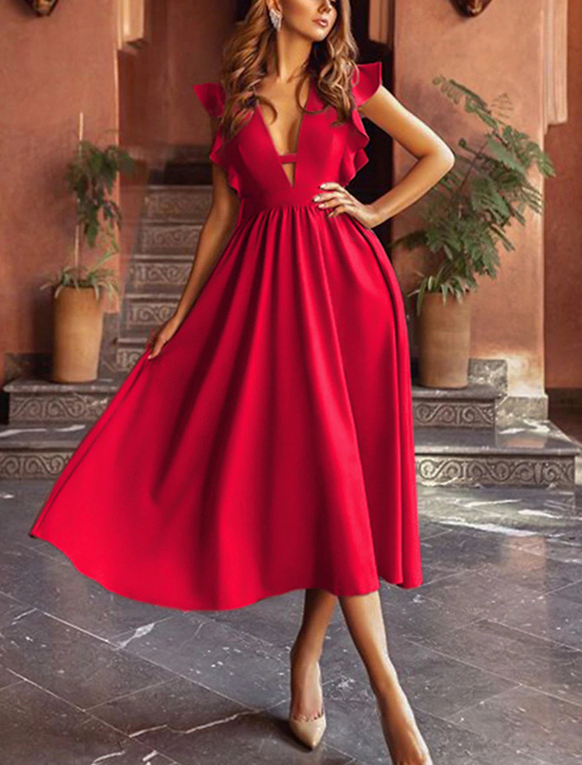 Luolandi A-Line Princess Cute Wedding Guest Prom Dress V Neck Sleeveless Tea Length Fabric with Ruffles Party Dress