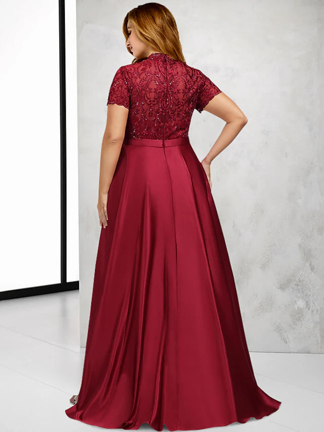 Luolandi A-Line Plus Size Curve Mother of the Bride Dresses Vintage Dress Formal Asymmetrical Short Sleeve High Neck Taffeta