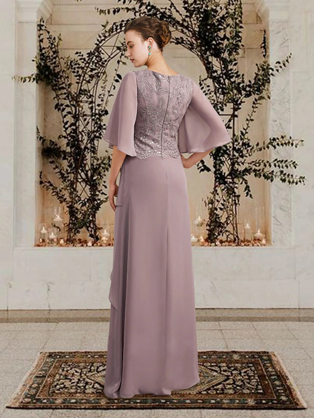 Luolandi Sheath / Column Mother of the Bride Dress Plus Size Elegant Jewel Neck Floor Length Chiffon Lace Short Sleeve with Ruffles