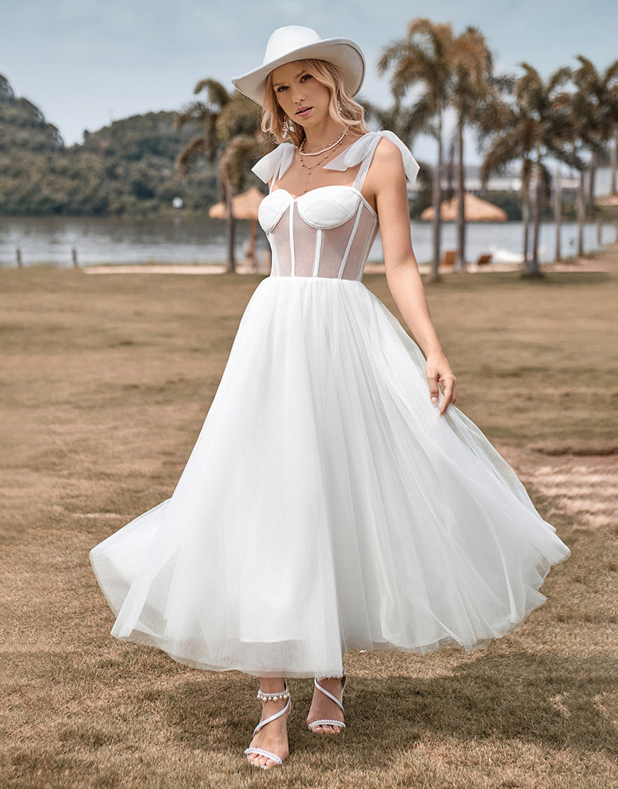 Luolandi Ivory Tulle Corset Tea-Length A Line Wedding Dress Sexy