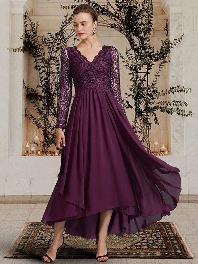 Luolandi A-Line Mother of the Bride Dress Elegant High Low V Neck Asymmetrical Ankle Length Chiffon Lace Long Sleeve