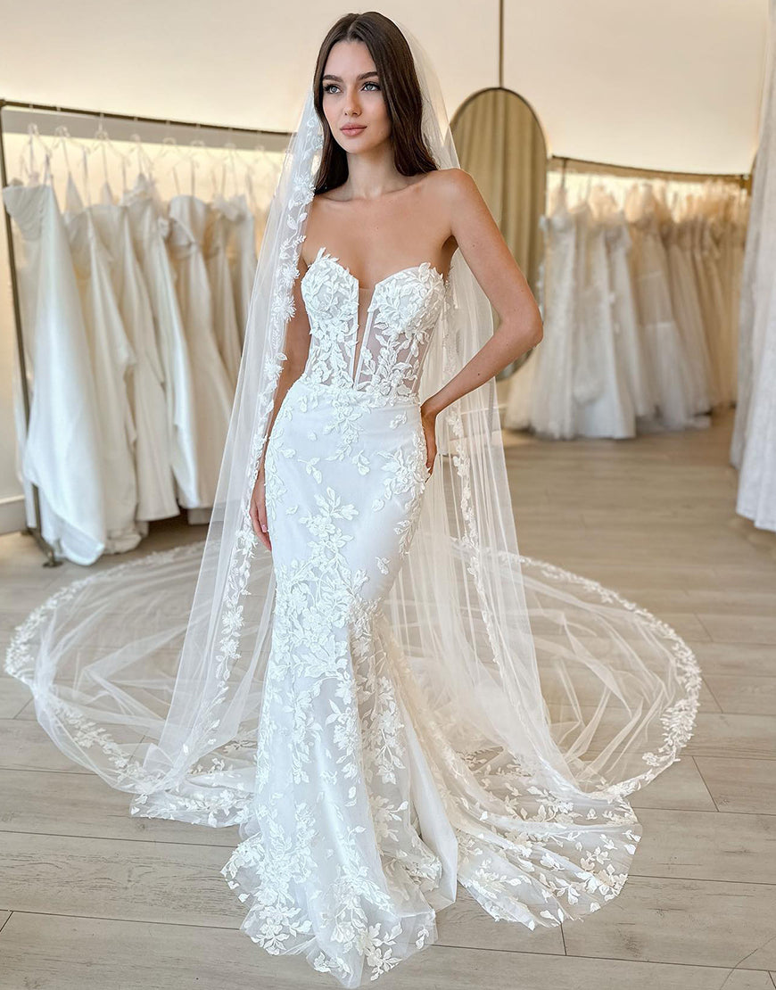 Luolandi Mermaid Lace Tulle Off The Shoulder Wedding Dress With Appliques Sexy Without Headscarf