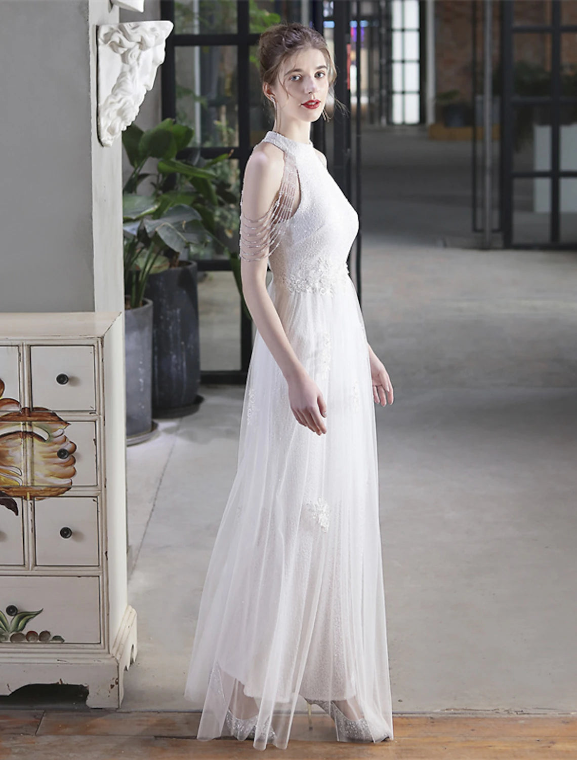 Luolandi A-Line Prom Dresses Sparkle & Shine Dress Party Wear Floor Length Short Sleeve High Neck Polyester with Sequin