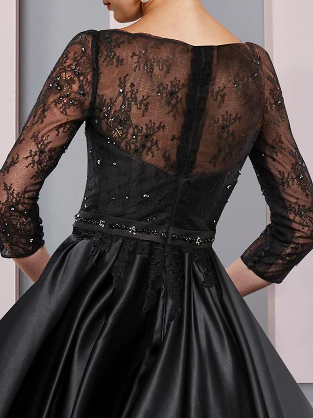 Luolandi A-Line Mother of the Bride Dress Formal Wedding Guest Party Elegant Scoop Neck Tea Length Satin Lace 3/4 Length Sleeve with Sash Pleats