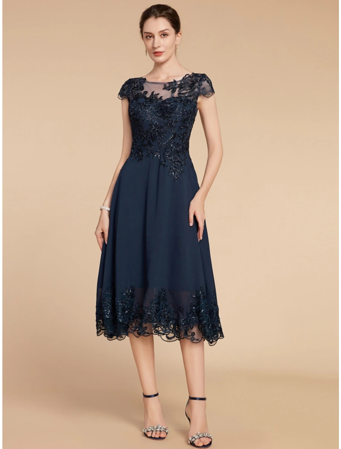 Luolandi A-Line Mother of the Bride Dress Wedding Guest Elegant Petite Scoop Neck Tea Length Chiffon Lace Cap Sleeve with Sequin Ruching