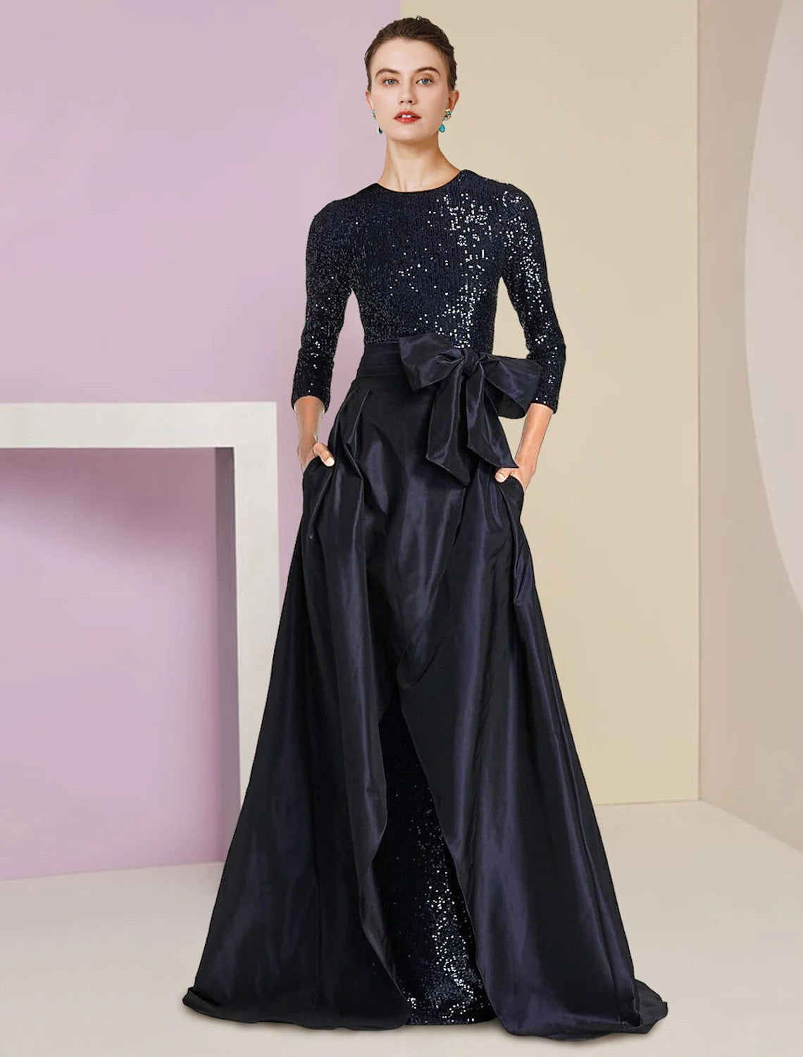 Luolandi Two Piece Sheath / Column Mother of the Bride Dress Formal Wedding Guest Sparkle & Shine Elegant Scoop Neck Floor Length Detachable Taffeta Sequined 3/4 Length Sleeve