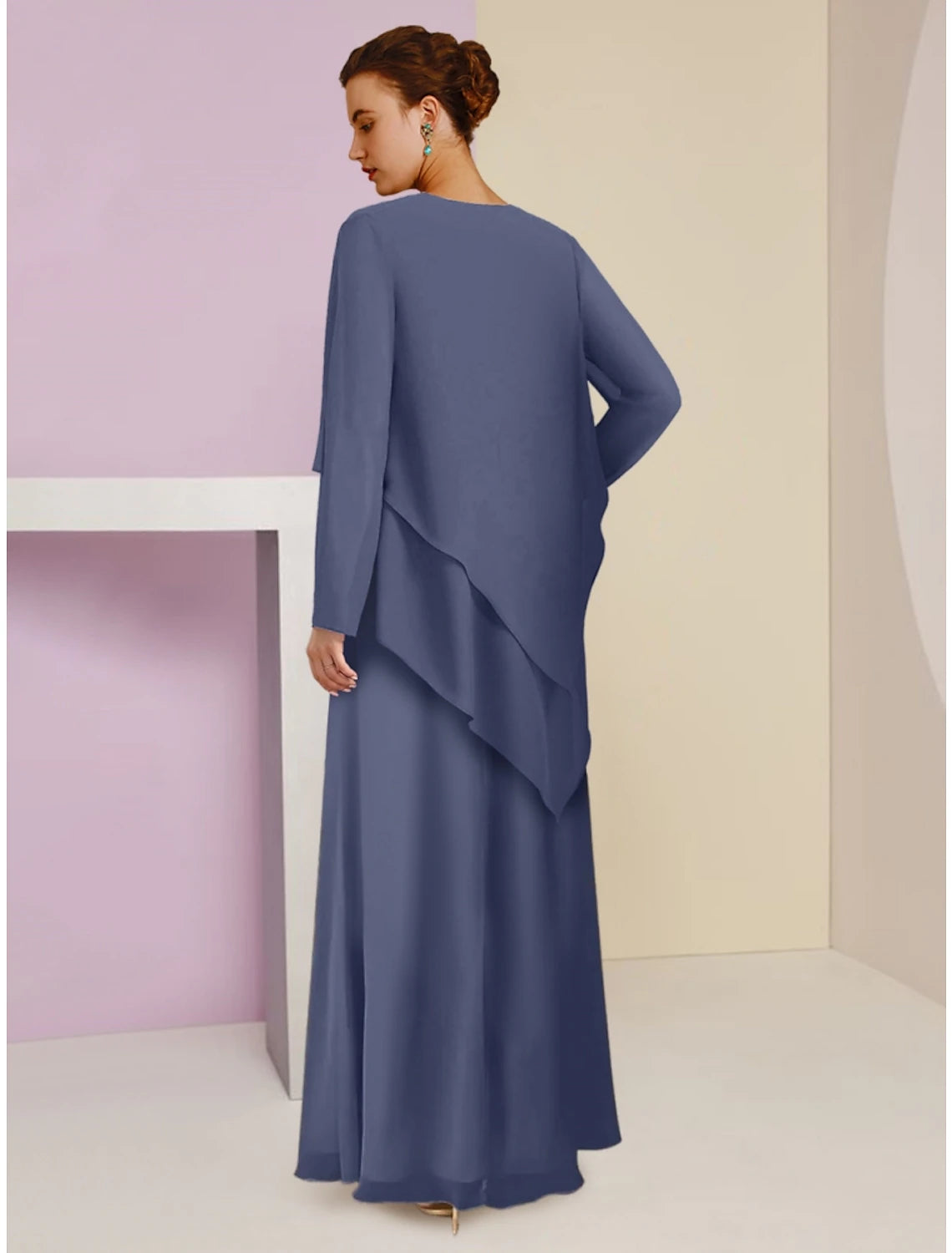 Luolandi A-Line Mother of the Bride Dress Wedding Guest Elegant Square Neck Ankle Length Chiffon Long Sleeve with Crystal Brooch