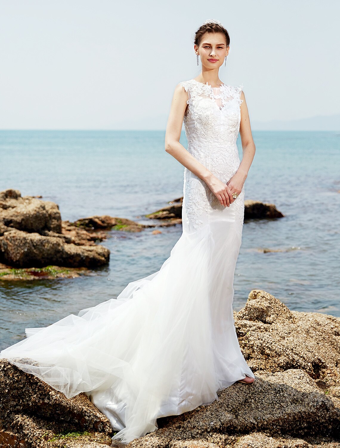 Luolandi Mermaid / Trumpet Bateau Neck Sweep / Brush Train Lace / Tulle Made-To-Measure Wedding Dresses with Lace