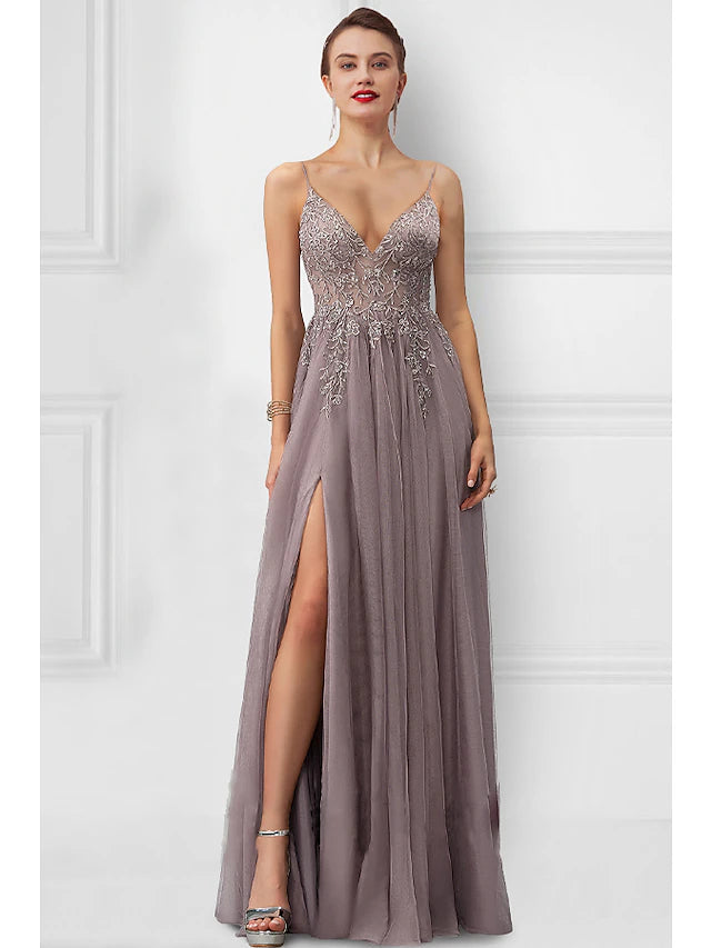 Luolandi A-Line Prom Dresses Floral Dress Party Wear Floor Length Sleeveless Spaghetti Strap Tulle