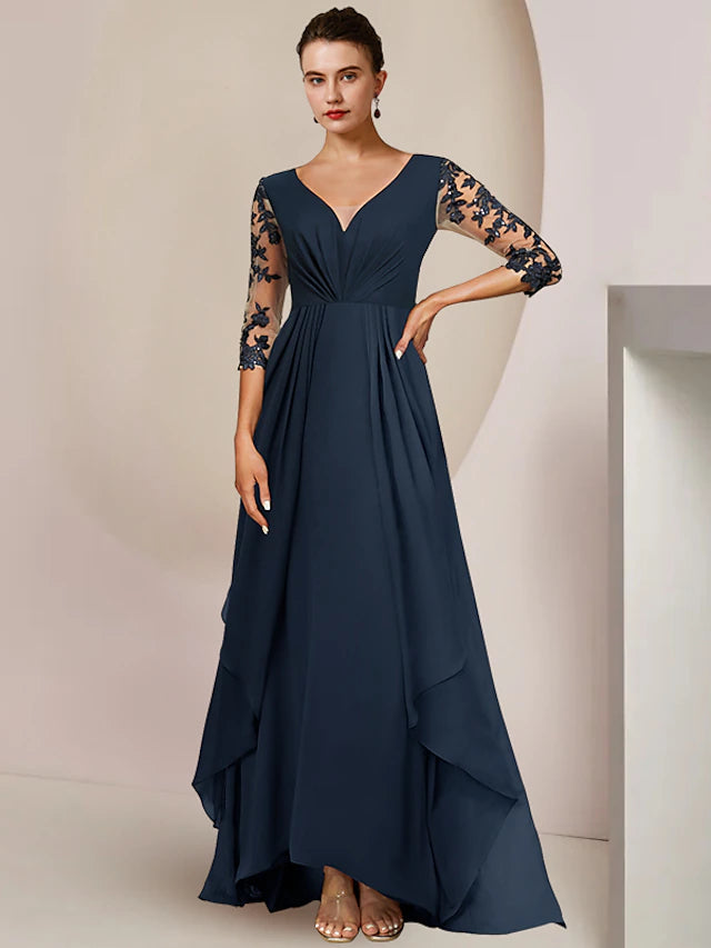 Luolandi A-Line Mother of the Bride Dress Wedding Guest Elegant High Low V Neck Ankle Length Chiffon Lace 3/4 Length Sleeve with Sequin