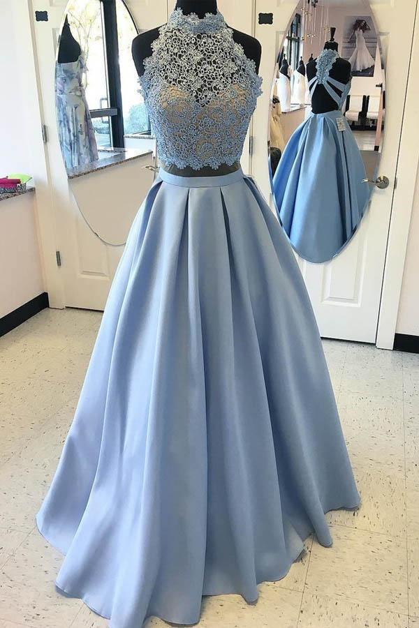 Luolandi Two Piece Lace High Neck Prom Dresses Floor Length Light Blue Elegant Evening Dress
