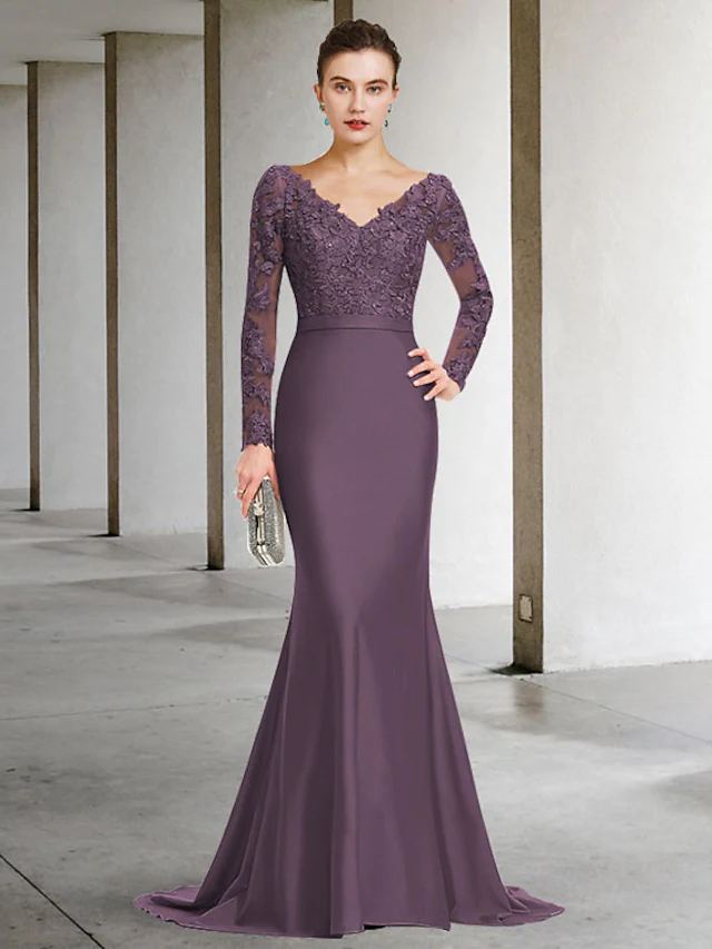 Luolandi Mother of the Bride Dress Elegant V Neck Chiffon Lace Long Sleeve with Appliques Beautiful