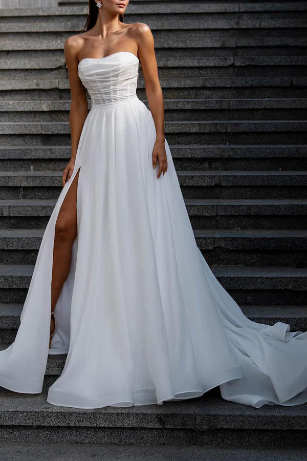 Luolandi A line strapless hall casual wedding dress with pleated and split Bohemian bride dress Sexy