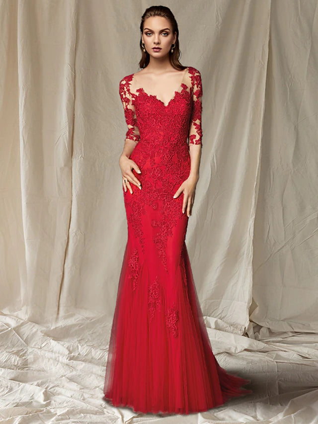 Luolandi Mermaid / Trumpet Mother of the Bride Dress Luxurious Elegant V Neck Sweep / Brush Train Lace Tulle Half Sleeve with Appliques