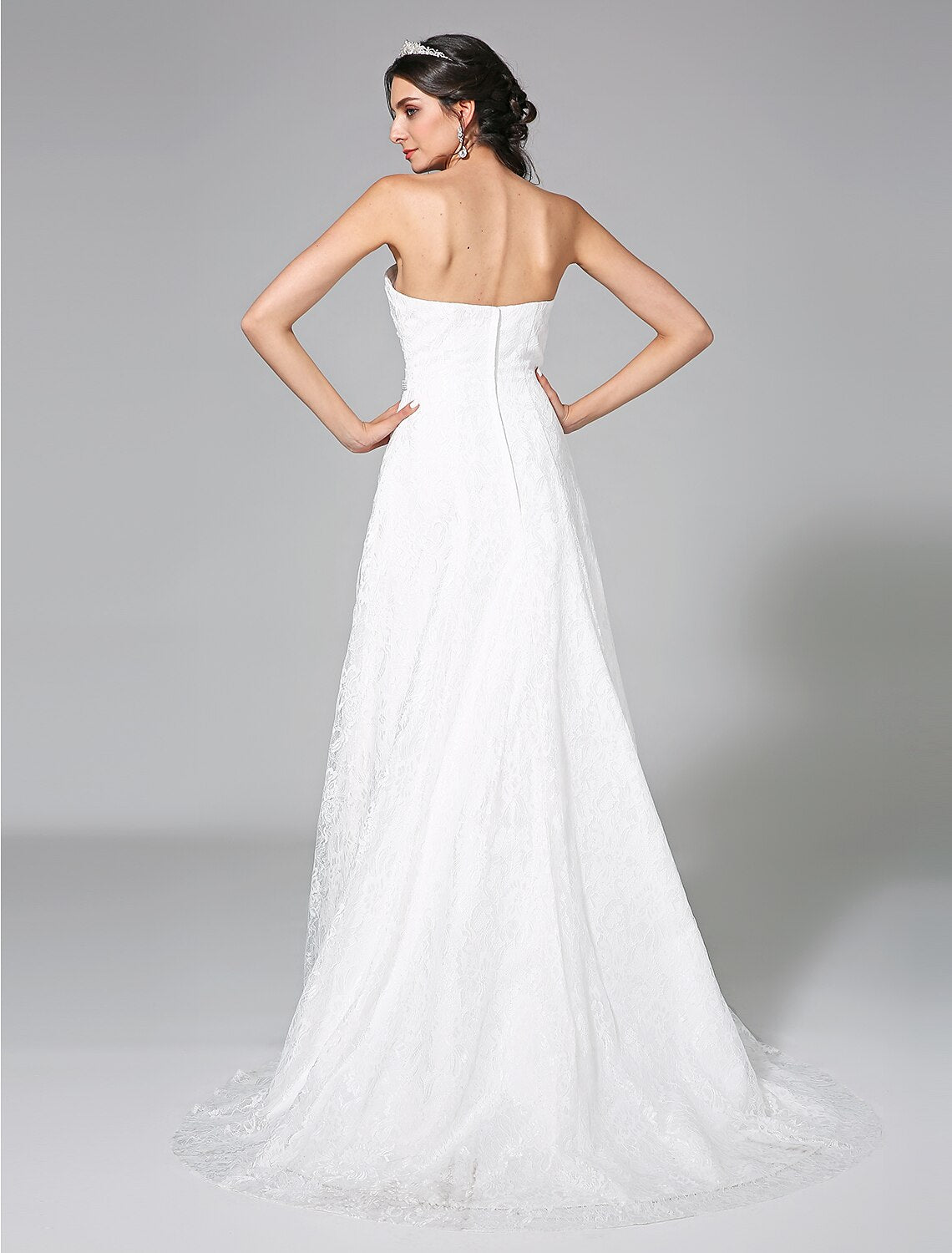Luolandi Wedding Dresses A-Line Sweetheart Sleeveless Sweep / Brush Train Lace Bridal Gowns With Sash Side-Draped