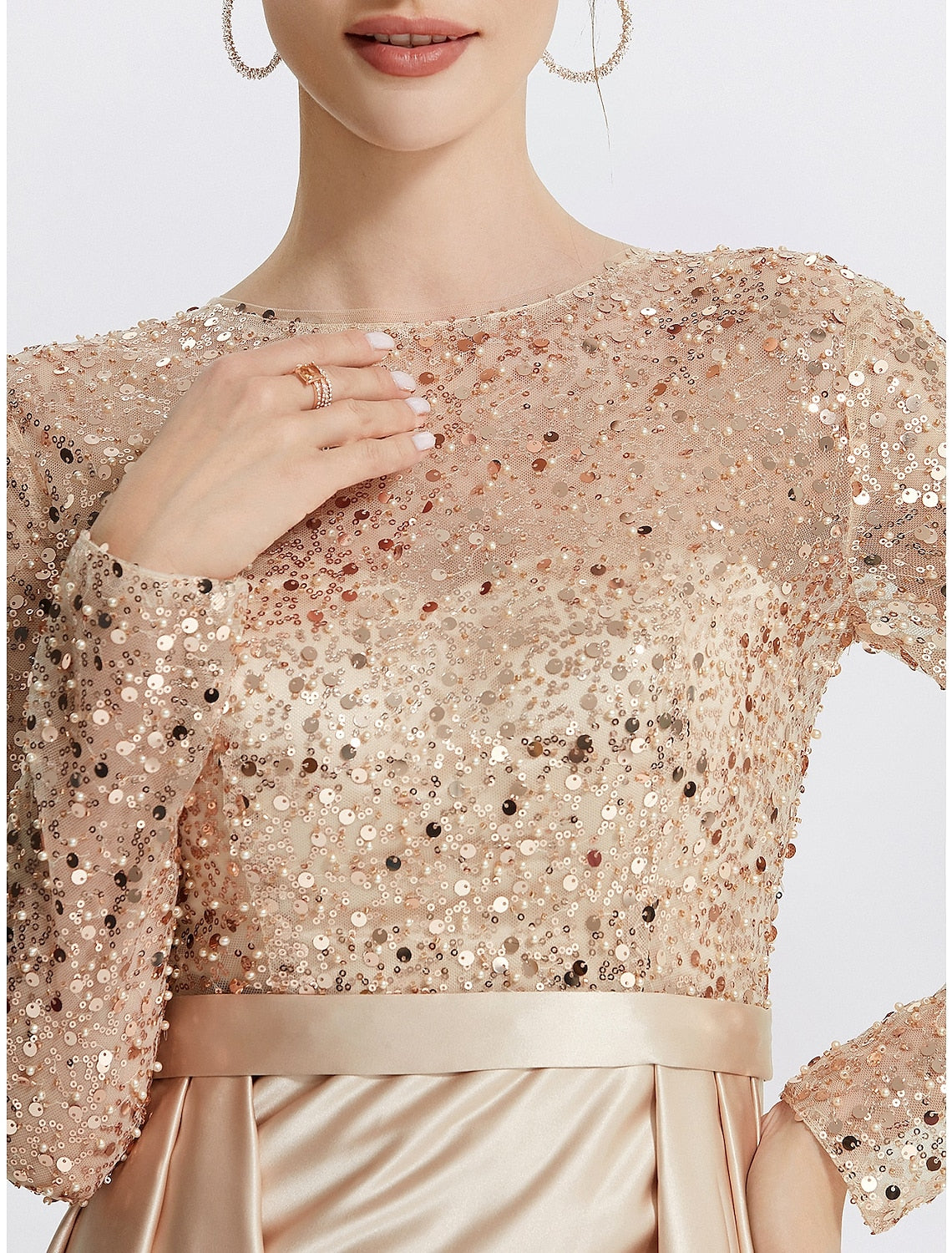 Luolandi Mermaid / Trumpet Evening Gown Elegant Dress Formal Prom Floor Length Long Sleeve Jewel Neck Sequined with Glitter