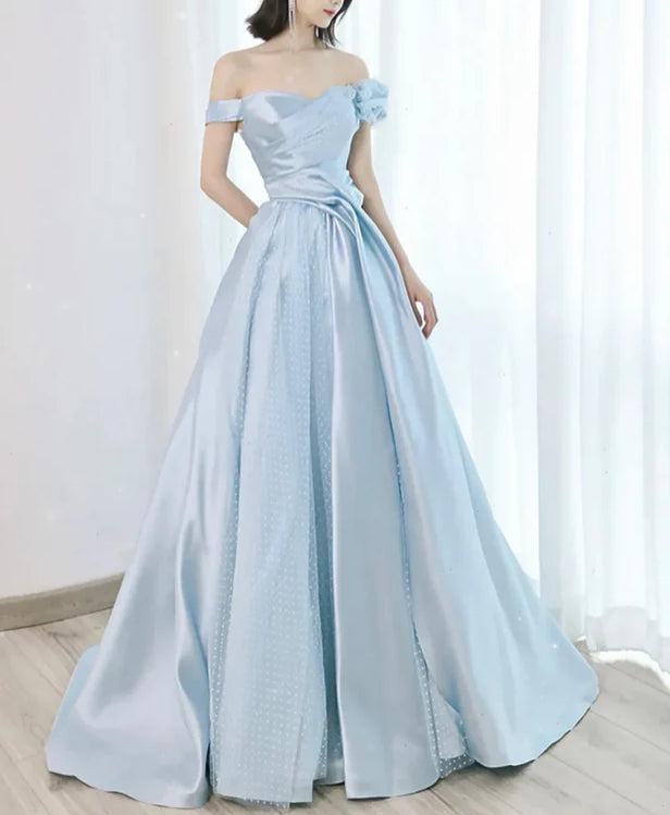 Luolandi Light Blue Satin A-line Long Party Dress with Tulle Evening Dress Prom Dress Formal Dress december wedding guest dress